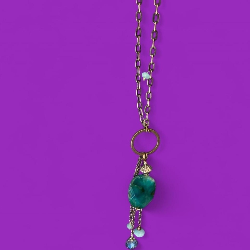 Teal gemstone pendant necklace w turquoise beads & Goldtone w brass accents